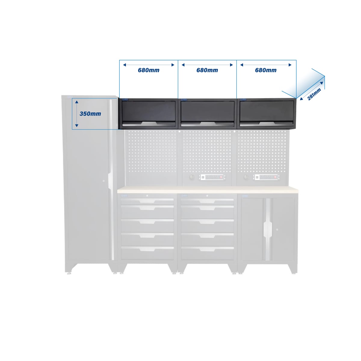 SGS 10pc Modular Garage Storage | 10 Drawers | Plywood Worktop | Floor Cabinet | Tall Single Cabinet | 3x Upper Cabinets | 2x Pegboards with Power Strip